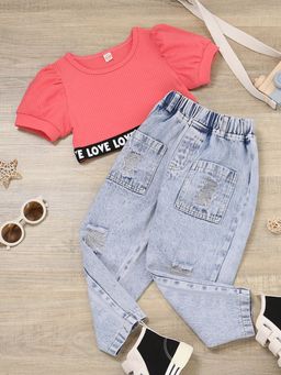 Hopscotch - Girls Peach Text Print Jeans Set