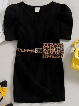 Hopscotch - Girls Black Solid Slim Fit Casual Dress with Belt