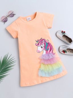 Hopscotch - Girls Peach Unicorn Print Round Neck Casual Dress