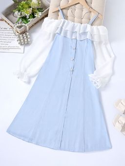 Hopscotch - Girls Blue and White Full-Sleeve Casual Dress