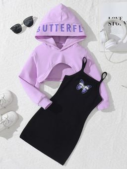 Hopscotch - Girls Lavender and Black Butterfly Print Straight Casual Dress with Sweatshirt