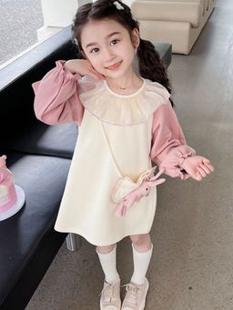 Hopscotch - Girls Beige and Pink Solid Bishop Sleeve Casual Dress with Handbag