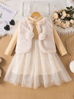 Hopscotch - Girls White and Beige Textured Full-Sleeve Casual Dress with Waistcoat