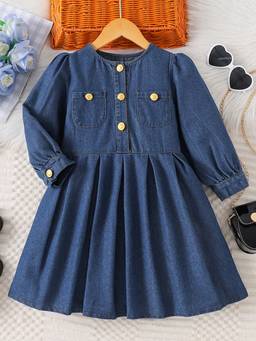 Hopscotch - Girls Blue Solid Full-Sleeve Denim Casual Dress
