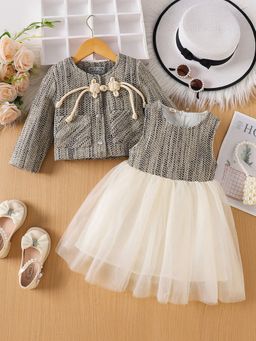 Hopscotch - Girls Grey and White Textured Sleeveless Casual Dress with Jacket