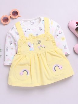 Hopscotch - Girls Yellow and White Animal Embroidered Cotton Casual Dress with T-Shirt