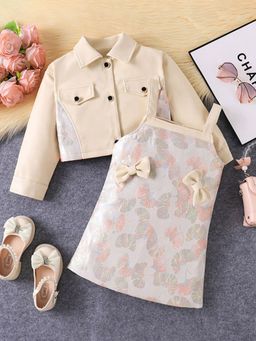 Hopscotch - Girls Beige Floral Sleeveless Casual Dress with Jacket
