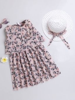 Hopscotch - Girls Cream Sleeveless Floral Print Casual Dress with Hat