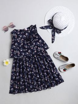 Hopscotch - Girls Navy Blue Sleeveless Floral Print Casual Dress with Hat