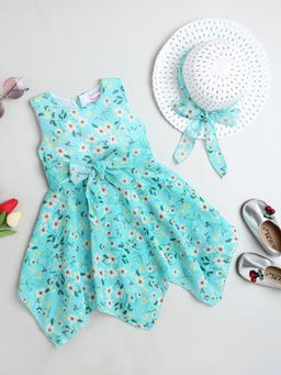 Hopscotch - Girls Green Sleeveless Floral Print Casual Dress with Hat