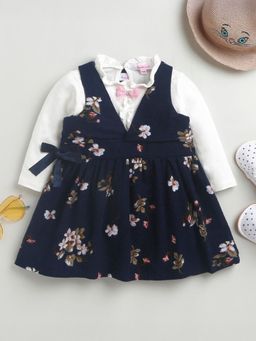 Hopscotch - Girls White and Navy Floral Print Top and Dress Set