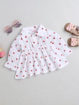 Hopscotch - Girls White Three Fourth Sleeve Heart Print Short Dress