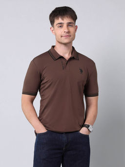 U.S. Polo Assn. Denim Co. - Men Brown Muscle Fit Solid Label Polo T-shirt