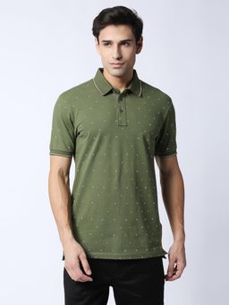 Dragon Hill - Half Sleeves Olive Printed Pique Lycra Polo T-shirt
