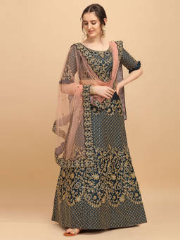 Amrutam Fab - Womens Green Bridal Velvet Material With Embroidery Work Lehenga Choli (Set of 3)