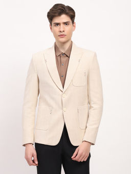 Global Republic - Cream Self Design Chevron Peaked Lapel Blazer Coat