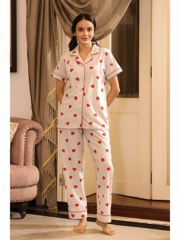 NAP STORY - Soft Hearts Half Sleeve Shirt and Pyjama Off White