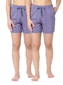 BLOSSOM - Womens Super Combed Cotton Relaxed Fit Printed Shorts Purple (Pack of 2)