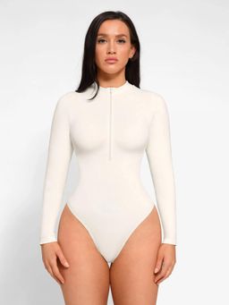 Shop The Edit - Seamless Long Sleeve Bodysuit Zipper White