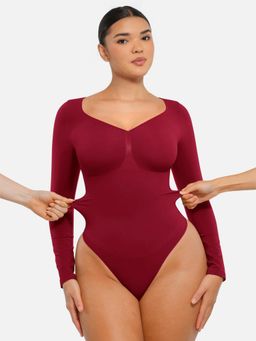 Shop The Edit - Seamless Long Sleeve Tummy Control Bodysuit Maroon