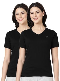 BLOSSOM - Womens 100% Knitted Cotton T-Shirt Black (Pack of 2)