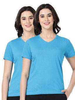 BLOSSOM - Womens 100% Knitted Cotton T-Shirt Blue (Pack of 2)