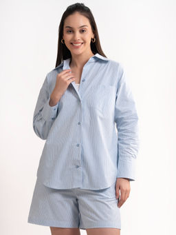 Lounge Dreams - Women Blue Striped Cotton Shirt & Shorts (Set of 2)