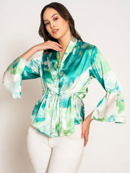 Lounge Dreams - Women Abstract Printed Kimono Top Green