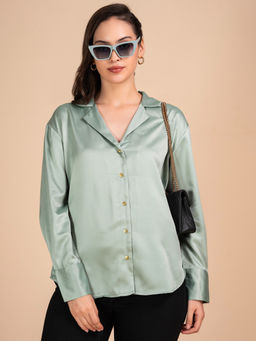 Lounge Dreams - Women Cuban Collar Satin Shirt Green