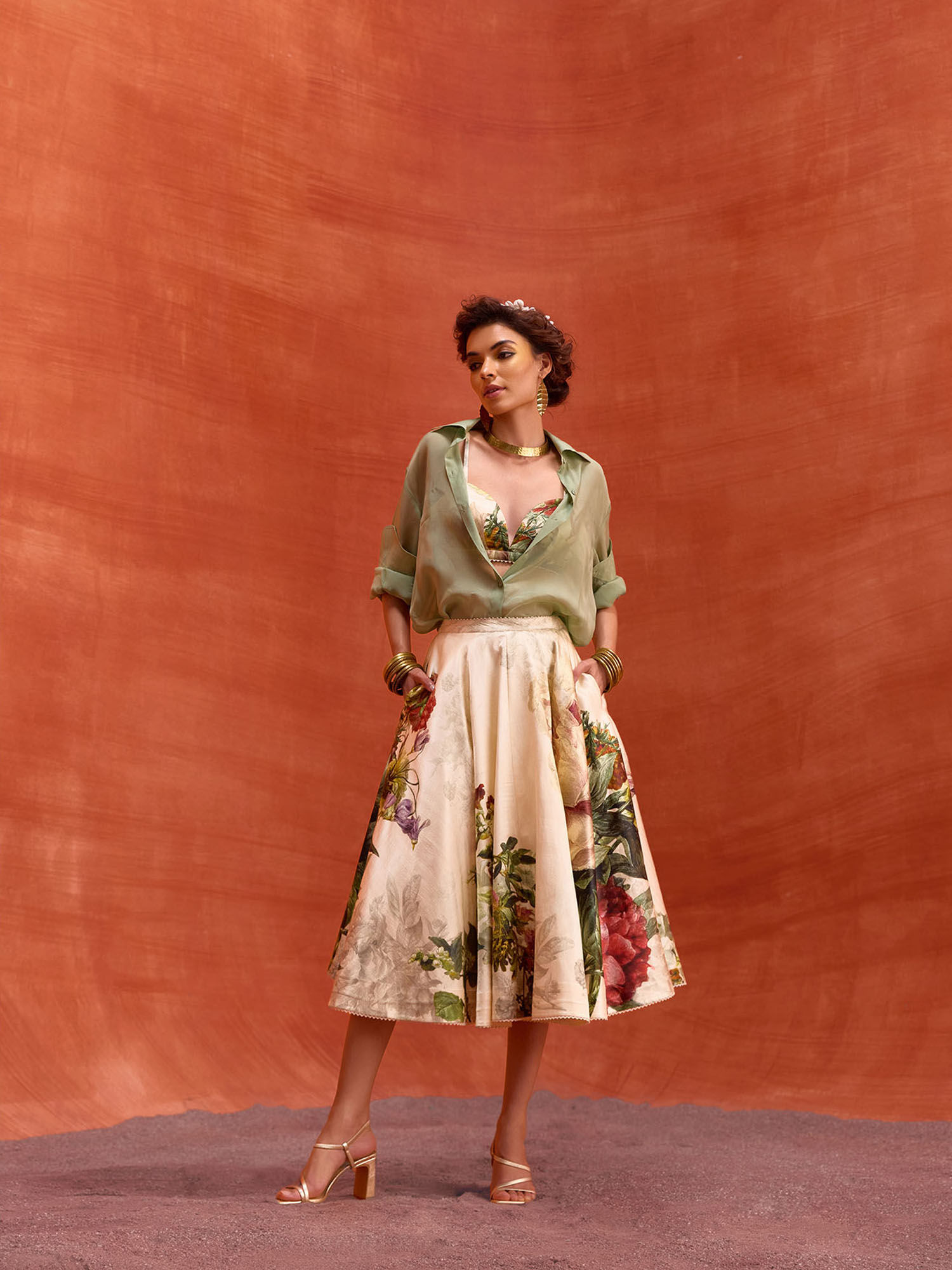 kalista Beige Melinda Skirt with Shirt and Bustier (Set of 3)-picture-30