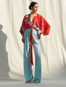 MANDIRA WIRK - Kaftan Top Paired Withprinted Camisole Andsatin Pants Red (Set of 3)