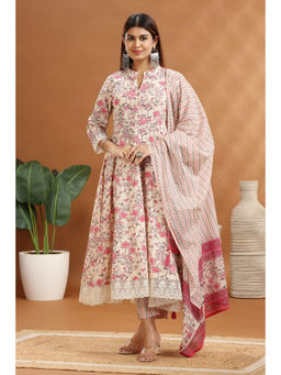 Cotton Culture - Cream And Pink Cotton A-Line Printed Kurta With Pant & Dupatta (Set of 3)