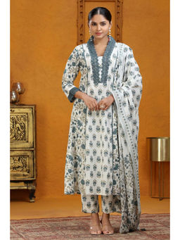 Cotton Culture - Off White And Indigo Jaipuri Printed Kurta with Pant & Dupatta (Set of 3)