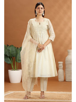 Cotton Culture - Off White Chanderi A-Line Embroidered Kurta With Pant & Dupatta (Set of 3)
