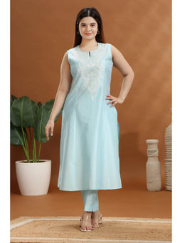 Cotton Culture - Sky Blue Flax Cotton Embroidered Co-Ord (Set of 2)