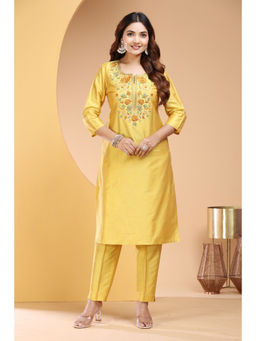 Cotton Culture - Yellow Poly Silk Embroidered Straight Co-Ord (Set of 2)