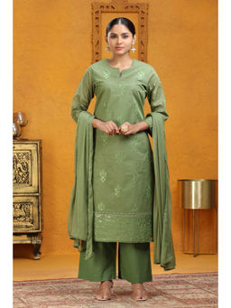 Cotton Culture - Pista Green Straight Embroidered Kurta with Pant & Dupatta (Set of 3)