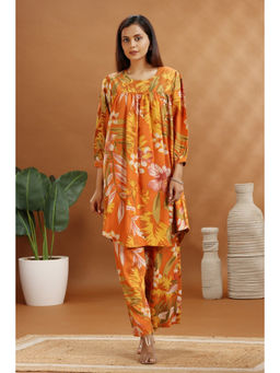 Cotton Culture - Orange Rayon Straight Floral Printed Co-Ord (Set of 2)