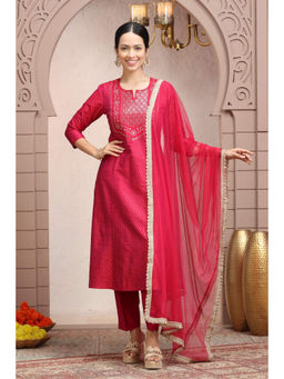 Cotton Culture - Rani Pink Poly Silk A-Line Embroidered Kurta With Pant & Dupatta (Set of 3)