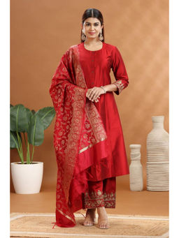 Cotton Culture - Dark Red Poly Silk A-Line Embroidered Kurta With Pant & Dupatta (Set of 3)