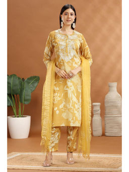 Cotton Culture - Yellow Roman Silk Embroidered Kurta With Pant & Dupatta (Set of 3)