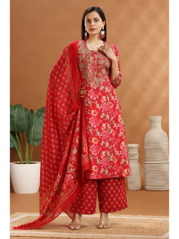 Cotton Culture - Maroon Jaipuri Cotton Straight Embroidered Kurta With Pant & Dupatta (Set of 3)