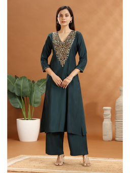 Cotton Culture - Bottle Green Roman Silk Embroidered Co-Ord (Set of 2)