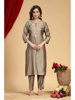 Cotton Culture - Taupe Poly Silk Embroidered Straight Co-Ord (Set of 2)