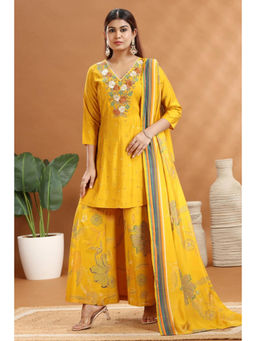 Cotton Culture - Yellow Roman Silk Straight Embroidered Kurta with Sharara & Dupatta (Set of 3)