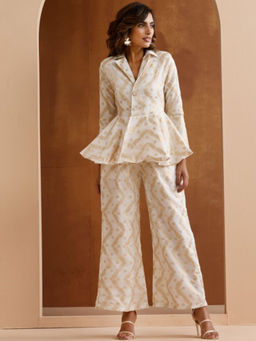 ISHIN - Woven Design Top With Palazzos Co-Ord (Set of 2)