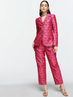 ISHIN - Woven Design Shawl Collar Blazer With Pant Co-Ord (Set of 2)