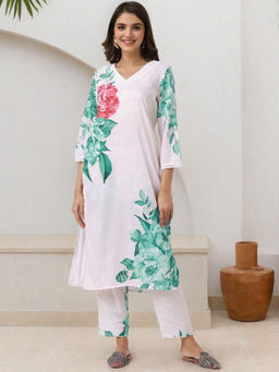 ISHIN - Women Floral Printed V-Neck Kurta With Pant (Set of 2)