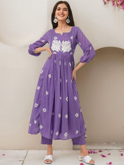 ISHIN - Bandhani Notch Neck Thread Work Pure Cotton A-Line Purple Kurta & Pant (Set of 2)