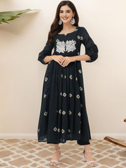 ISHIN - Bandhani Notch Neck Thread Work Pure Cotton A-Line Green Kurta & Pant (Set of 2)